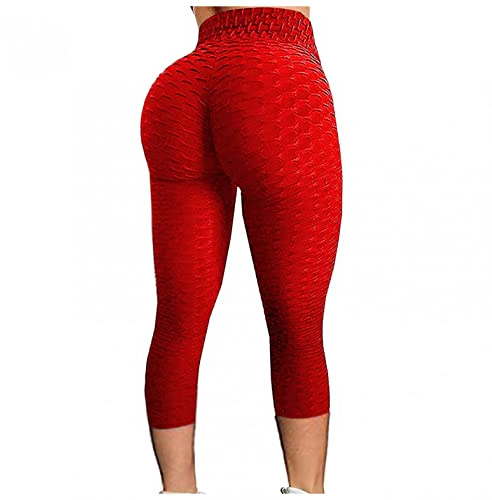 3/4-Länge, Damen-Leggings, hohe Taille, Yoga-Hose, berühmte TIK_TOK Butt Lift Tummy Control Scrunch Bubble Honeycomb Anti-Cellulite Hip Lifting Workout Fitness Running Cropped Hose Gr. S, rot