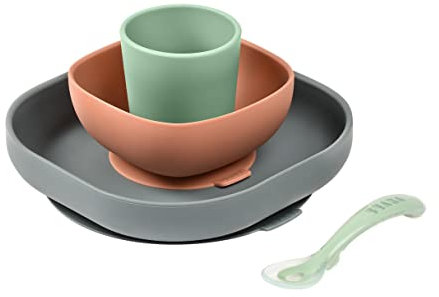 Béaba Set Vajilla Silicona Comida Bebé, con Ventosa, Antideslizante, 4 Piezas, Plato Bol Vaso Cuchara, Silicona Sana y Duradera, Apto Lavavajillas, Microondas, mineral