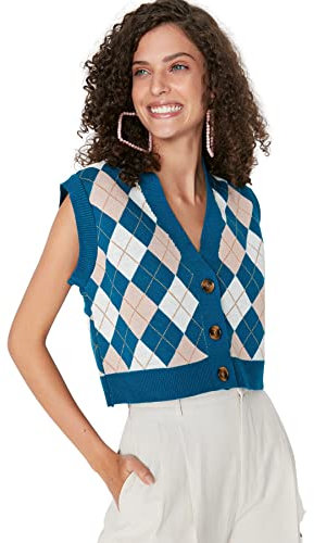 TRENDYOL Damen V-neck Plaid Regular Vest Sweater, Teal, S EU