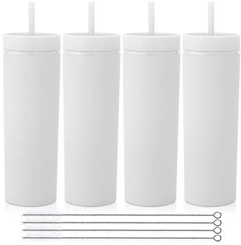 Volhoply 20oz Plastic Skinny Tumblers Bulk 4 Pack,Double Wall Tumbler with Lid and Straw,BPA Free Matte Acrylic Water Cups for Parties(White,4 Set)