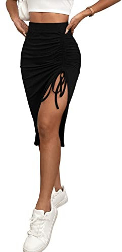 GORGLITTER Damen Rock Mit Schlitz Midi Rock Mit Hoher Taille Knielang Röcke Rock Mit Kordelzug Elegante Röcke Freizeit Rock Schwarz S