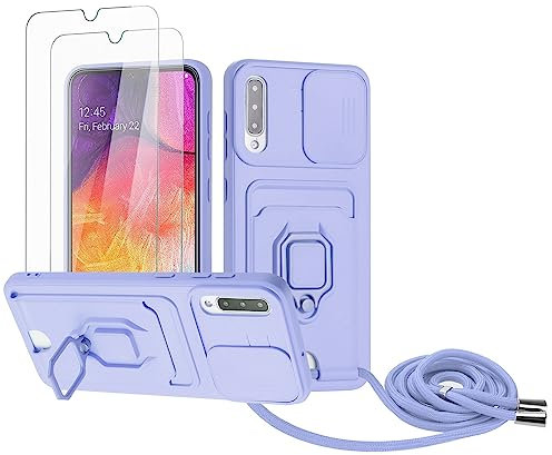 Zallagre Cordon de Coque Compatible avec Samsung Galaxy A30S/A50/A50S,[2 Pièces] Verre Trempé,Lentille Coulissante Couverture,360 Degrés Bague Rotatif Support,Fentes pour Cartes-Violet