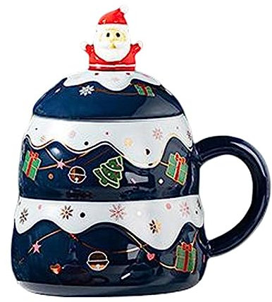 JTBDWOSK Keramik-Weihnachtstasse Cartoon mit Deckel, Griff und Löffel, Neuheit Tassen Tasse für Weihnachten Geburtstag Geschenk Party,Blau