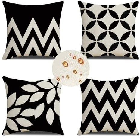 Outdoor Wetterfest Kissenbezug 50x50 cm 4er Set Schwarz Kissenbezüge Weiss Outdoor Kissen Wasserdicht Leinen Sofakissen Dekokissen für Garten Couch Terrasse Bank Stuhl Outdoor Heimdekoration Geschenke