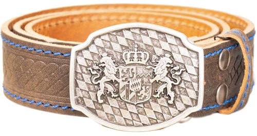 Goldschmidt Trachten Trachtengürtel Vincent 40mm breit | Gürtel Echtleder Flecht-Prägung und blaue Absteppung | Made in Germany | Gürtelschnalle mit Bayern-Wappen (100)
