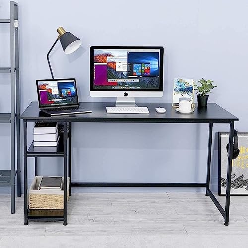 Scrivania per Computer, Scrivania 120 cm x 60 cm, Tavolo da Ufficio con Ripiani di Stoccaggio, con Gancio, Scrivania per Scrittura di Studio, per Casa, Ufficio, Scuola, Facile da Montare, Nero