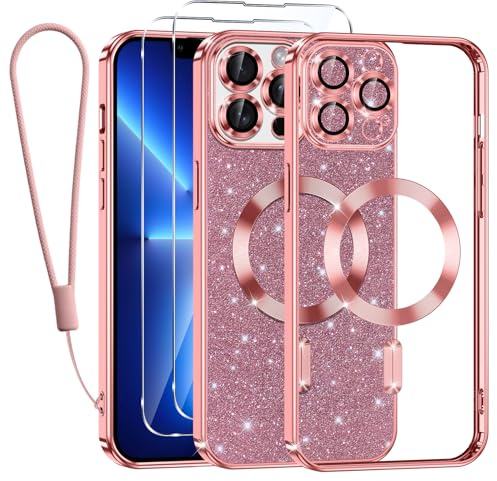 Kokio Glitter Magnetica Cover per iPhone 13 Pro con Cordino, Compatibile con MagSafe, Brillantini Sottile Silicone TPU Antiurto Custodia per iPhone 13 Pro con 2 Vetro Temperato Bumper, Rosa