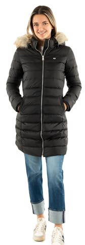 Tommy Jeans Damen Daunenmantel Essential Hooded Down Coat mit Kunstpelz, Schwarz (Black), L