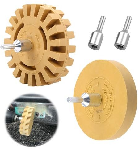 PLLYPE Calcomanía Removedor Rueda, 2PCS Removedor de Calcomanías de Coche, Rueda Borrador de Goma, Disco de Caucho de Coche con Adaptador de Taladro para Vehículos, Coche, Moto