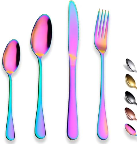 PEBBLE HUG 16 Piece Cutlery Set, Stainless Steel Flatware Set Include Knife Fork Spoon, Safe and Durable, Mirror Polish & Dishwasher Safe, Tableware Sets for 8 People, Versatile Use, Rainbow