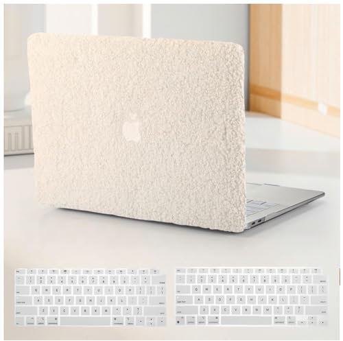 BYCeKe Compatible with MacBook Air 13 inch Case 2022-2018 M1 A2337 A2179 A1932,Case for MacBook Air M1,Soft Fluffy Fuzzy Plush Faux Fur Cream Leather Hard Shell&Keyboard Cover for Mac Air 13, Biege