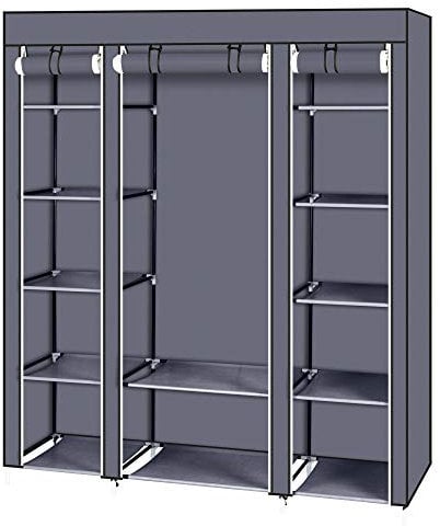Bonnlo Kleiderschrank, Stoffschrank mit Kleiderstange und Ablagen Stabil, Stoffkleiderschrank für Schlafzimmer, 150 x 45 x 175 cm, viel Stauraum, Faltbar, Grau