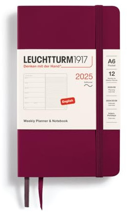 LEUCHTTURM1917 370762 Wochenkalender & Notizbuch 2025, Pocket A6 Softcover - 12-Monats-Planer, liniert - Port Red, Englisch