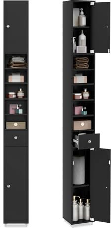 LIFEZEAL Meuble Colonne Salle de Bain avec 2 Portes, 1 Tiroir, 5 Compartiments, Meuble WC avec 5 Étagères Réglables, Meuble Rangement WC, 20 x 20 x 180 cm (Noir)