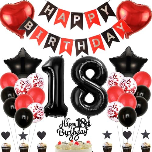 Anlgdi Deko 18. Geburtstag Mädchen: Tortendeko & Ballons (Rot, Schwarz) - 18 Zoll, Herz, Stern - 18. Geburtstag Dekoration für Teenager & Jugendliche (Unisex)