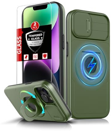 FRLMOOES pour iPhone 13 Coque Magnétique,pour iPhone 14 Coque Compatible avec MagSafe Chargement sans Fil,avec 2 Trempé Protection,Cache Caméra intégré+Béquille Support,Absorbant de Choc Étui Vert