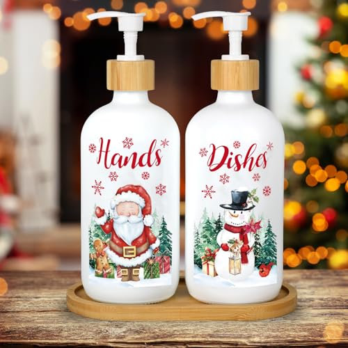 JarThenaAMCS Christmas Soap Dispenser 16 oz Watercolor Santa Snowman Xmas Trees Glass Dispenser with Pump Refillable for Winter Xmas Kitchen Bathroom Counters, 2 Pack