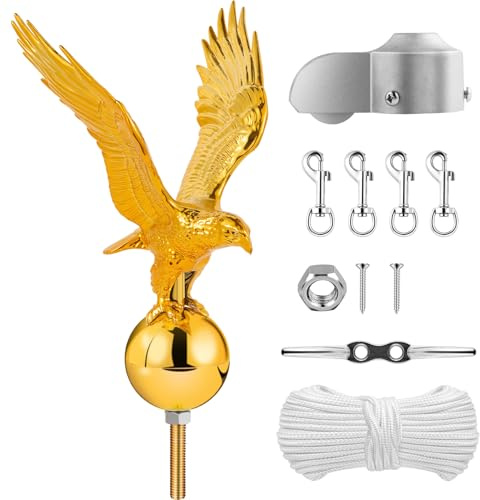 Aurolit Eagle Flag Pole Topper Kits, Flagpole Hardware Repair Parts Kit, Flag Pole Accessories Include Eagle Topper+50 Ft Rope+Cleat+Snap Clips+Flagpole Truck with Pulley for 20/25/30 Ft Pole, Gold