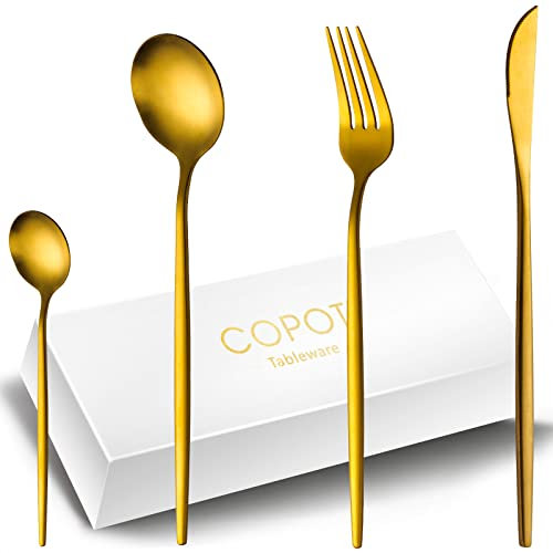 COPOTIO Juego de cubiertos dorado mate para 6 personas, Acero inoxidable 24 piezas, con cuchara cuchillo tenedor, Mango fino