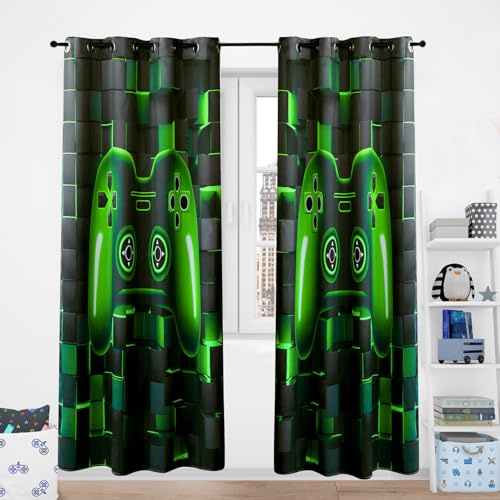 PERFEMET Gaming-Verdunkelungsvorhänge für Schlafzimmer, 2 Paneel-Sets, Videospiel-Konsole, grüne Vorhänge, 3D-Vorhang, Coole Vorhänge für Teenager, Jungen, Ösen, Fenstervorhänge für Wohnzimmer