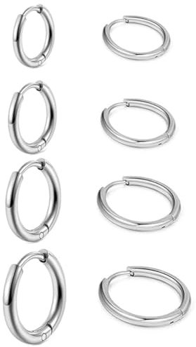 UYRVAPE Edelstahl-Kreolen für Damen und Herren, runde Ohrringe, Knorpel, Nase, Lippen, hypoallergene Ringe, 4 Paare(8/10/12/14 mm)