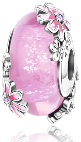 Amuefer Spring pink daisies Glass Charms Charms für Armbänder 925 Sterling Silber mit Cubic Zirkonia Anhänger für Halsketten Geburtstag Weihnachten Schmuck Geschenke für Frauen