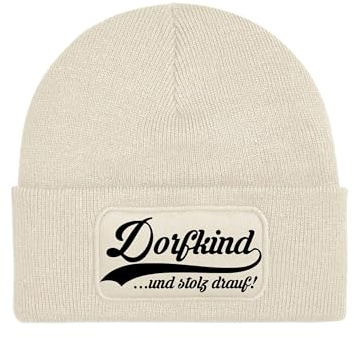 NIMAMA Kinder Mütze Beanie Dorfkind Wintermütze Statement Spruch Print Geschenk Unisex Strickmütze für Jungen und Mädchen - Beige