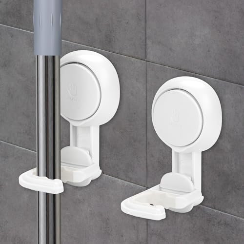 TAOPE Accroche Balai Mural, 2 Support de Vadrouille à Ventouse Blanc, Porte Balais Mural Réutilisable Cintre de Rangement, Accroche Balais Mural Sans Percer pour Cuisine Escalier Buanderie Garage