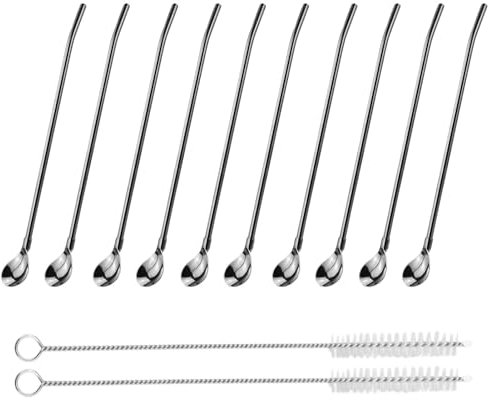 10 Stück Strohhalme Löffel Trinkhalme Löffel Edelstahl Wiederverwendbarer Strohhalm mit 2 Reinigungsbürsten Geeignet zum Trinken Milchshake Smoothies Milchshakes Kaffee