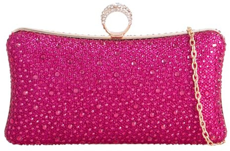 UShopUK Pochette rigida con anello glitterato e brillantini, ideale per spose, balli di fine anno, matrimoni, feste, borsetta a mano, Rosa fucsia, medium