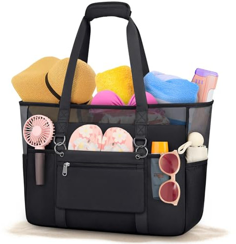 RAINSMORE Mesh strandtasche xxl familie mit reißverschluss Große badetasche Shopper Damen Wasserdicht Beach Bag für Strand Pool Fitnessstudio Reisen Schwarz