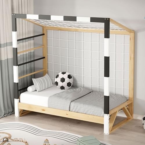 ML-Design Kinderbett Fußballtor 70x140 cm, Holzbett mit Lattenrost und Tornetz, Jugendbett aus massivem Kiefernholz, Einzelbett für Kinder, Bettgestell Holzrahmen, Bett, Handballtor, Fußballbett-Tor