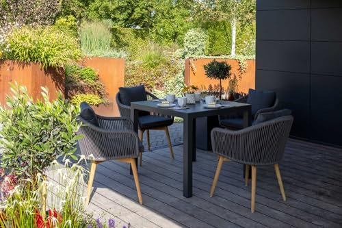 MR. DEKO Gartenmöbelset Solana Tarifa Aluminium | 5-teilig 4 x Diningsessel & Tisch 90x90cm | Outdoormöbelset Alu & Sitz- & Rückenbezug Rope | Stabile & wetterfeste Sitzgruppe Teakbeine