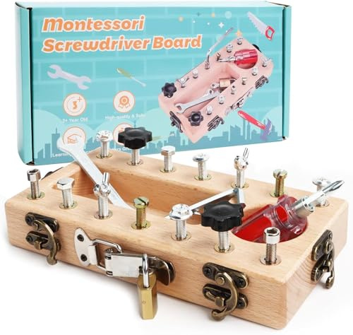 Byffoer Montessori Holz Schraubbrett,Montessori Spielzeug ab 3 4 5 Jahre Schraubendreher Brett,Kinder Schrauben Spielzeug Lernspielzeug Motorikspielzeug,Geschenk für Mädchen Jungen
