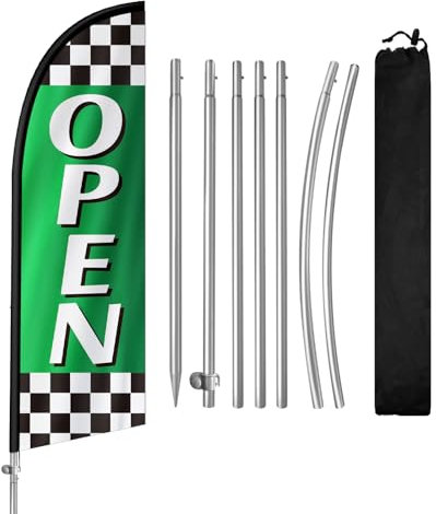 QSUM Drapeau à plumes ouvertes avec mât en acier inoxydable, drapeau publicitaire à piquet, convient pour les entreprises et les vitrines, 2,4 m, 1 lot (vert blanc)