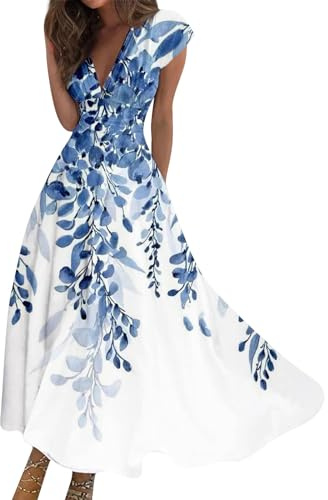Maxikleid Damen Sommer Elegant Sommerkleid Lang A Linie Kleid Frauen V Ausschnitt Hohe Taille Kleider Tailliert Damenkleider mit Ärmel Sommerkleider Leicht und Luftig Strandkleid Schwingen