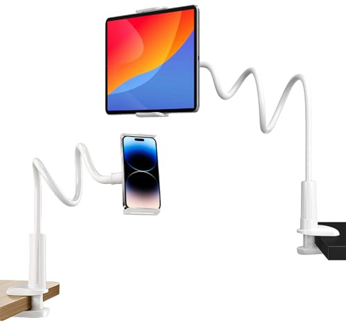 Soporte Móvil con Cuello de Cisne, 360° Flexible, Brazo Largo de 75cm | Multiángulo Flexible con Cuello de Cisne Brazo, para 11.5–18 cm iPad/iPhone/Huawei/Galaxy Tabs/Kindle (Blanco)