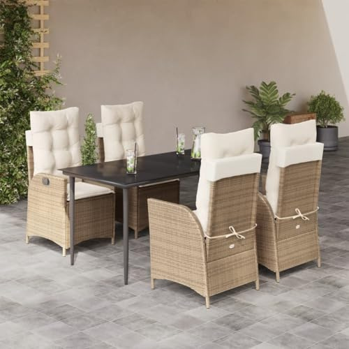 QJBSAVVA 5-TLG. Essgruppe Beige 160×80×74 cm Poly-Rattan mit Verstellbarer Lehne & Glastisch, Garten Terrasse