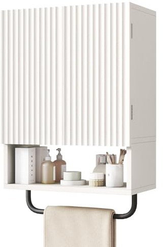 IBUYKE Badezimmer-Wandschrank, Kleiner Medikamentenschrank mit Handtuchhalter, Aufbewahrungsschrank für über die Toilette mit verstellbarem Einlegeboden für Badezimmer, Wohnzimmer und Küche (Weiß)