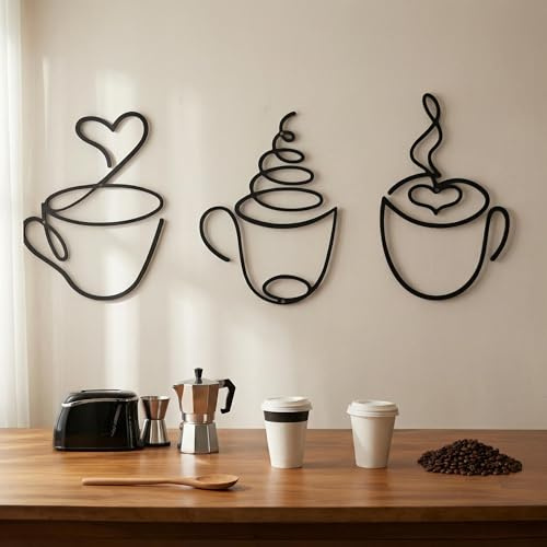 HUASUN Set de 3 Decoraciones Murales de Café en Hierro Negro, Arte de Pared Minimalista de Líneas Finas, Escultura Mural Moderna para Cocina, Rincón de Café, Cafetería, Regalo para Amantes del Café