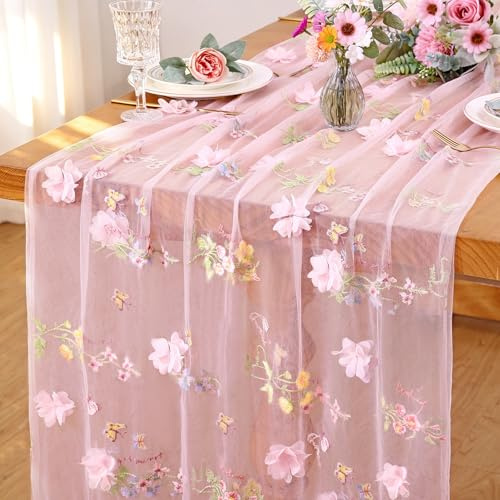 Chemin de Table Gaze Rose 75 x 300 cm Chemin de Table en Étamine Fleur | Nappe Mousseline Bohême Papillon 3D Chemins de Table Romantiques en Tissu Décoration de Table de Cuisine Mariage Fête