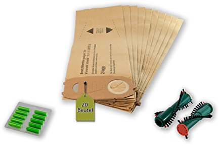 22 Piezas Juego de filtros para Vorwerk Kobold VK 118, 119, 120, 121, 122: 10 Bolsas de aspiradora + 2 cepillos Redondos et 340, EB 350, EB 351 (1 par) + 10 Varillas (Aroma de microfibras®