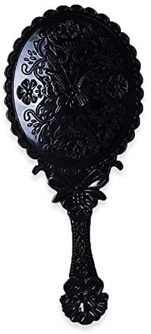 Handspiegel, Handspiegel mit Griff, Handspiegel mit geprägter Blume, tragbarer Antiquität, Reise-Kosmetikspiegel mit Puderquaste (oval, schwarz)
