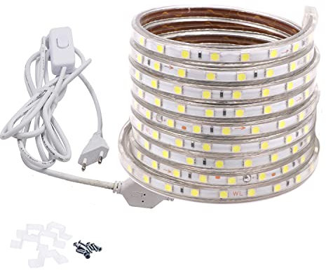 FOLGEMIR 15m Kalt Weiß LED Band mit Schalter, 220V 230V Lichtleiste, 60 Leds/m Strip, IP65 Lichtschlauch, milde Hintergrundbeleuchtung