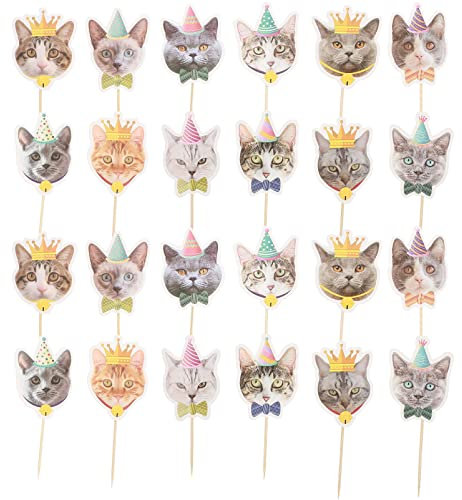 Amosfun Katzen Kuchen Aufleger Set 24 StüCk FüR Geburtstagsfeiern Kreative Papier Tortendeko FüR Tiermottopartys Wiederverwendbare Cupcake Topper Und Snacks Deko