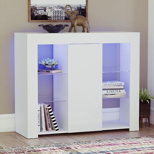 Vida Designs Large Azura 1 Door Modern LED Sideboard in White, RGB Lights (Fade/Strobe Options Included), High Gloss