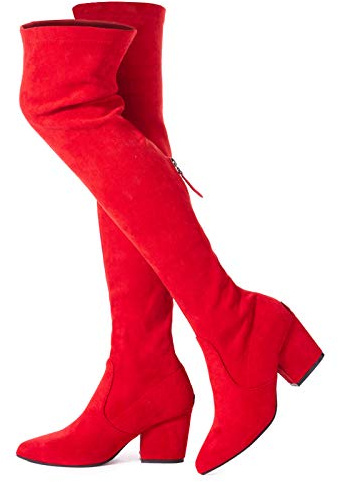 Mtzyoa Oberschenkelhoher Blockabsatz, Damenstiefel, spitzer Zehenbereich, Stretch, Overknee-Stiefel, Rot/7,6 cm Absatz, 41 EU