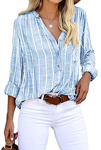 Cindeyar Bluse Damen Langarm Streifen Oberteile Casual Langarmshirt Tops Lose Baumwolle Tunika Hemd (XXL, Blau)