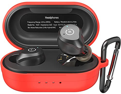 TOZO NC9 Funda Protectora de Silicona a Prueba de Golpes, Impermeable, Suave, Textura Mate para Auriculares TOZO NC9 con LED Frontal Visible y Llavero Rojo