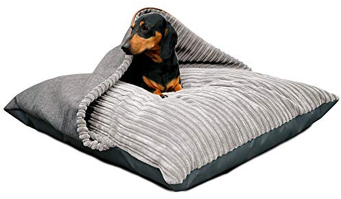 rucomfy Fibre-Filled Medium Burrower Calming Dog Bed with Comfort Blanket - Machine Washable Jumbo Cord Pet Bed with Water Resistant Base - 70 x 85 x 20cm (Platinum Grey)